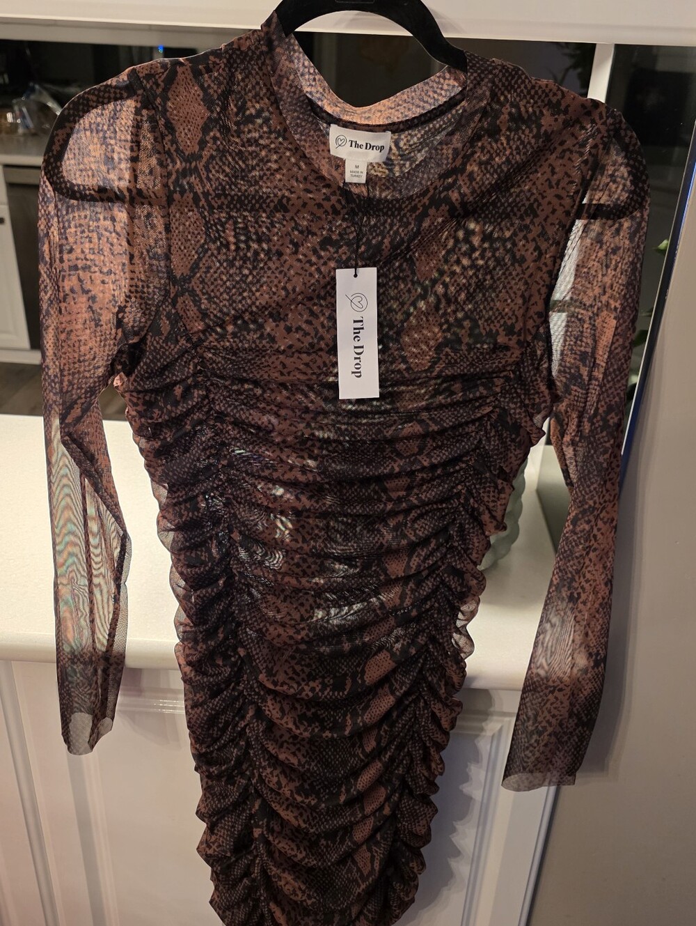The Drop Women's Ruched Snake-Print Long Sleeve Dress - Brown/Black - Picture 2 of 5